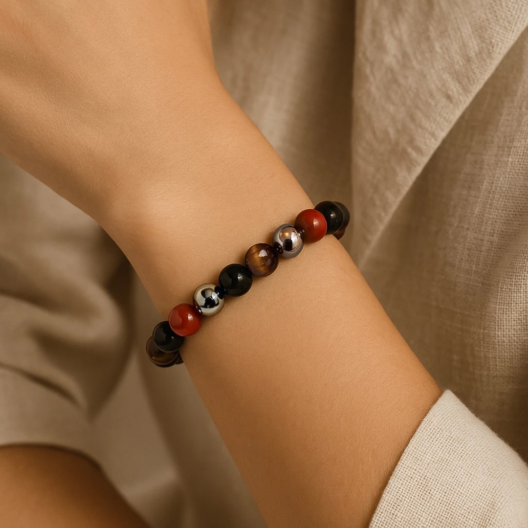 "Anchoring & Protection" Bracelet in Tourmaline, Red Jasper, Hematite & Tiger Eye