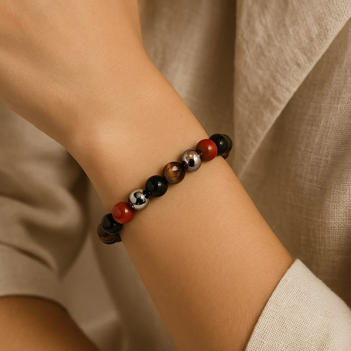 "Anchoring & Protection" Bracelet in Tourmaline, Red Jasper, Hematite & Tiger Eye