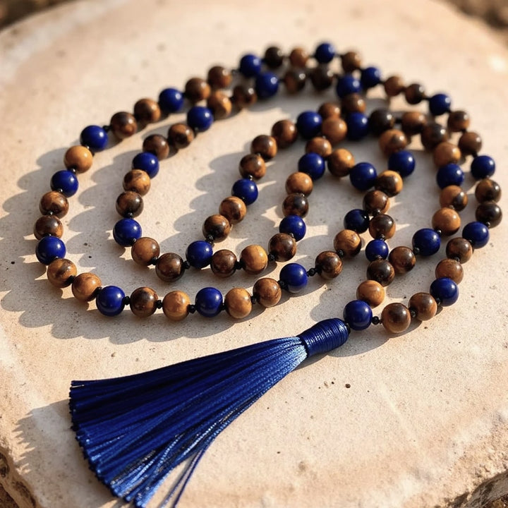 Mala Necklace "Protection & Communication" in Lapis Lazuli & Tiger's Eye