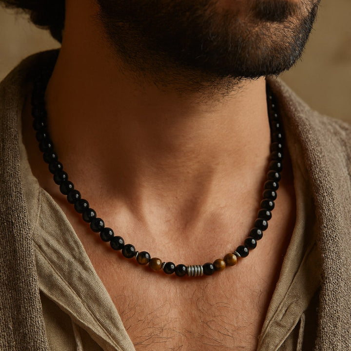 "Shield of Wisdom" Necklace in Black Obsidian & Tiger's Eye