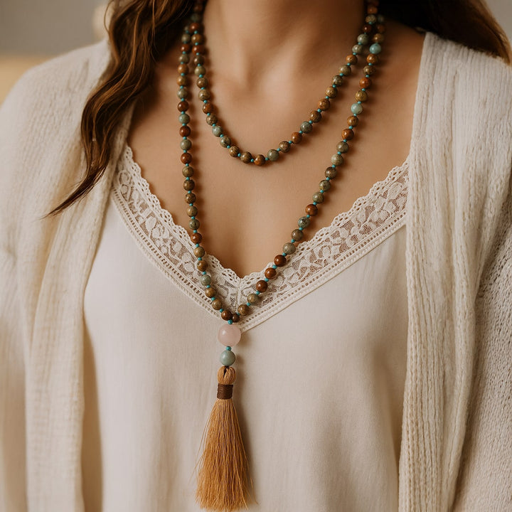 Mala Necklace 108 Beads in Aqua Terra Jasper, Amazonite & Rose Quartz