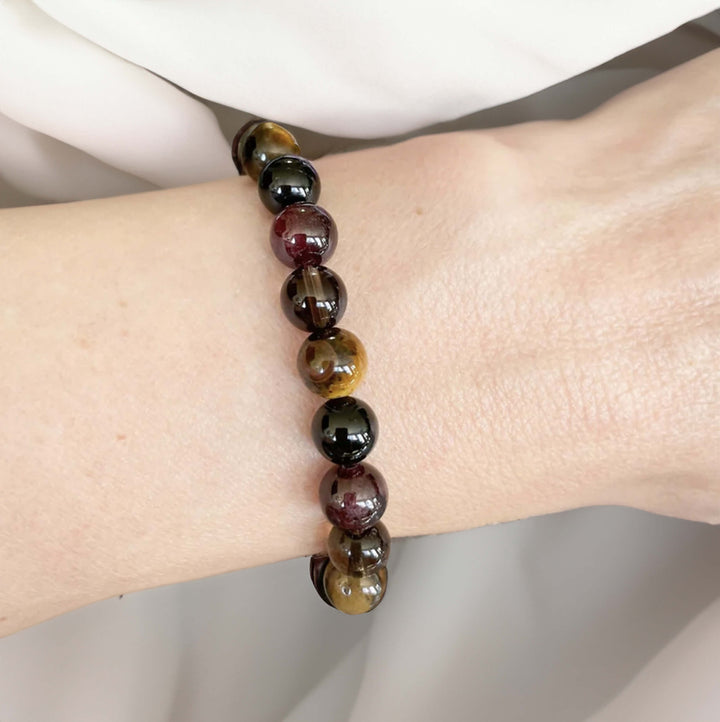 "Success & Protection" Bracelet in Tiger's Eye, Garnet, Tourmaline & Smoky Quartz