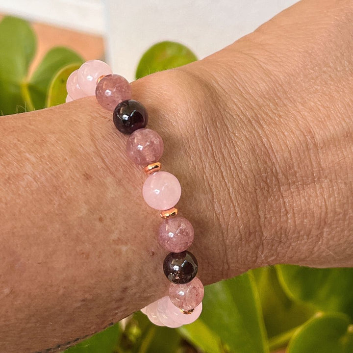 "Endless Love" Bracelet in Rose Quartz, Garnet & Strawberry Quartz