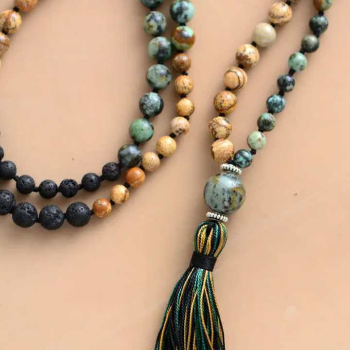 Mala Necklace "Return to Self" in Jasper, African Turquoise & Lava Stone