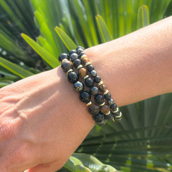 "Confidence & Protection" Bracelet in Tiger's Eye, Hematite & Onyx