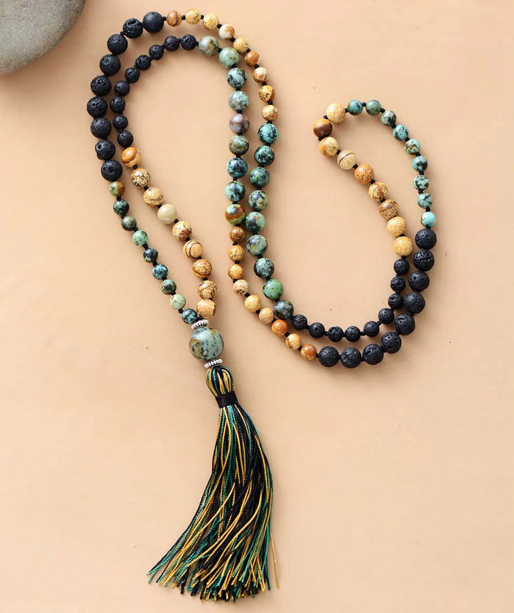 Mala Necklace "Return to Self" in Jasper, African Turquoise & Lava Stone