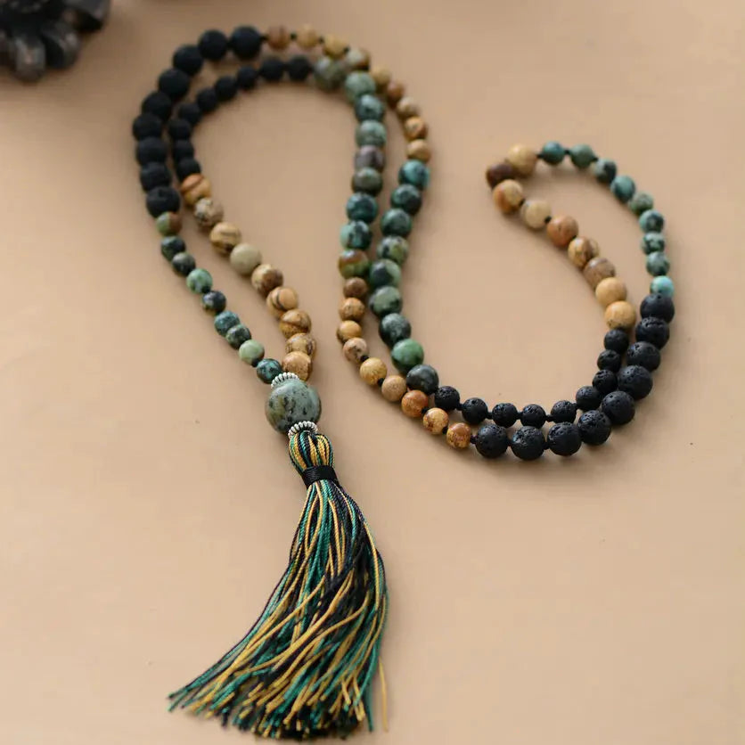 Mala Necklace "Return to Self" in Jasper, African Turquoise & Lava Stone