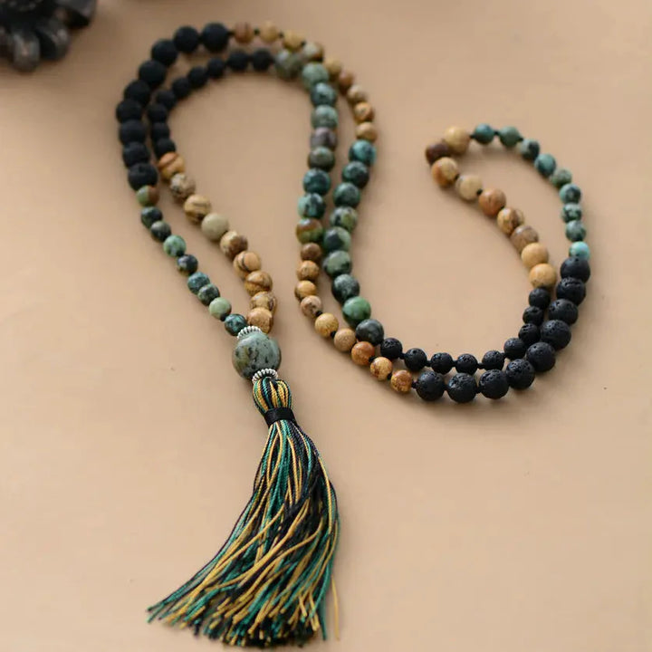 Mala Necklace "Return to Self" in Jasper, African Turquoise & Lava Stone