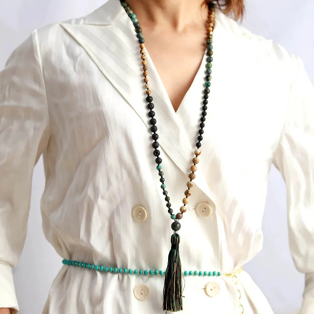 Mala Necklace "Return to Self" in Jasper, African Turquoise & Lava Stone