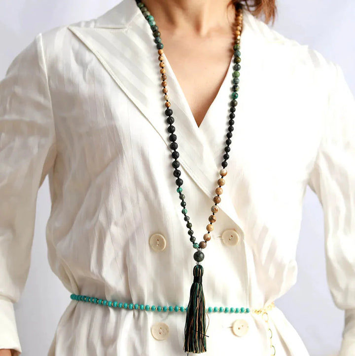 Mala Necklace "Return to Self" in Jasper, African Turquoise & Lava Stone
