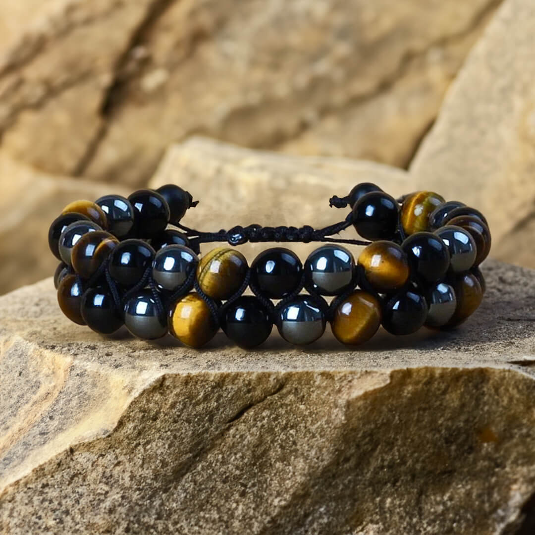 Adjustable Woven Bracelet "Triple Protections" in Hematite, Tiger's Eye & Obsidian