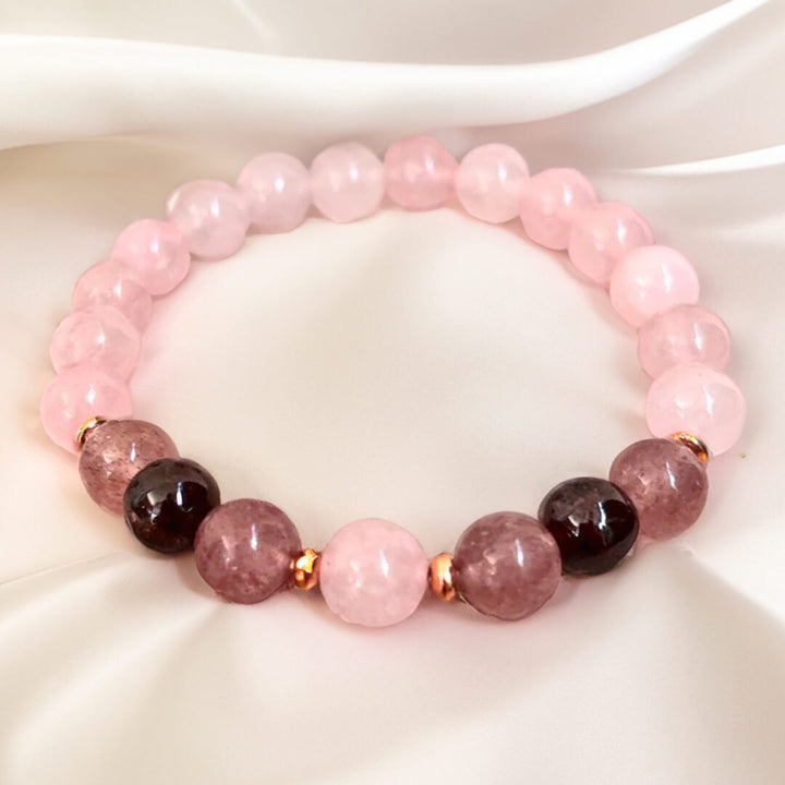 "Endless Love" Bracelet in Rose Quartz, Garnet & Strawberry Quartz