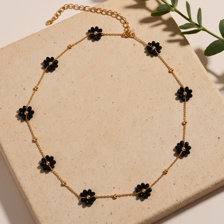 "Protection Flowers" Necklace in Black Spinel
