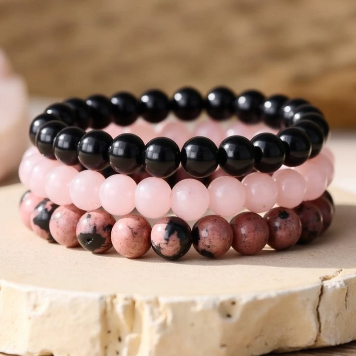 Trio of "Peace & Balance" Bracelets in Onyx, Rose Quartz & Rhodonite