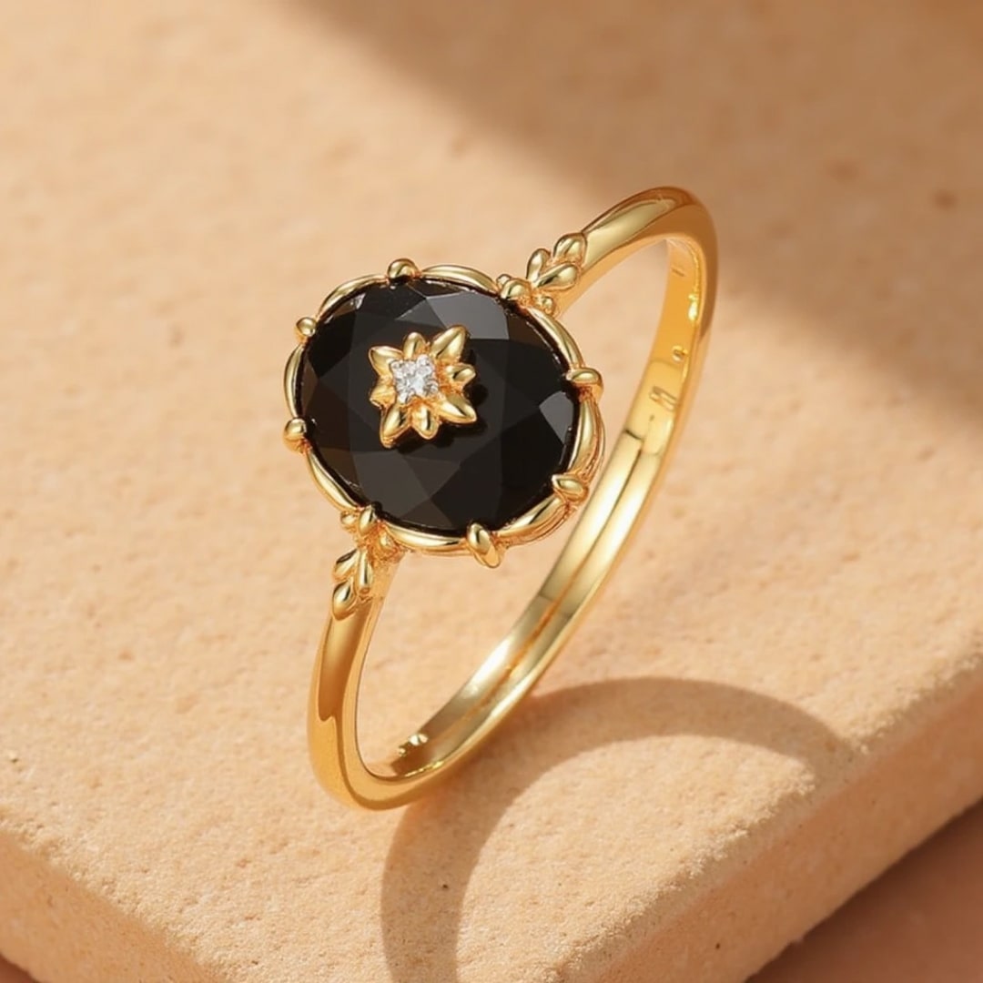 Adjustable "Nocturnal Charm" Ring in Black Agate