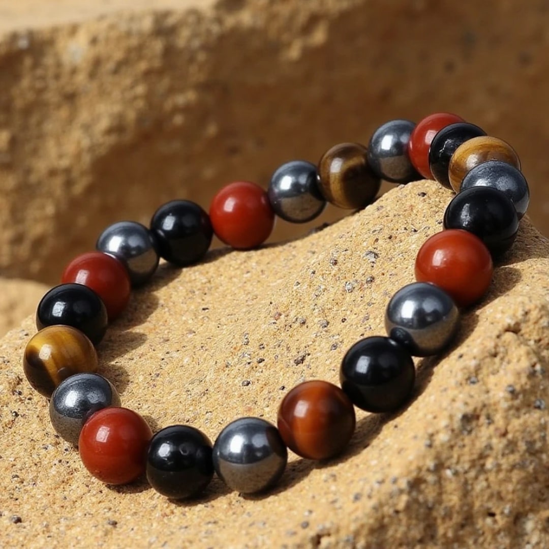 "Anchorage & Protection" Bracelet in Tourmaline, Red Jasper, Hematite & Tiger's Eye