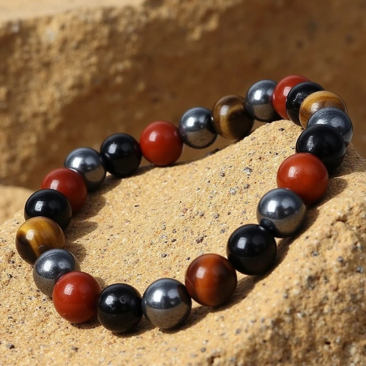 "Anchorage & Protection" Bracelet in Tourmaline, Red Jasper, Hematite & Tiger's Eye