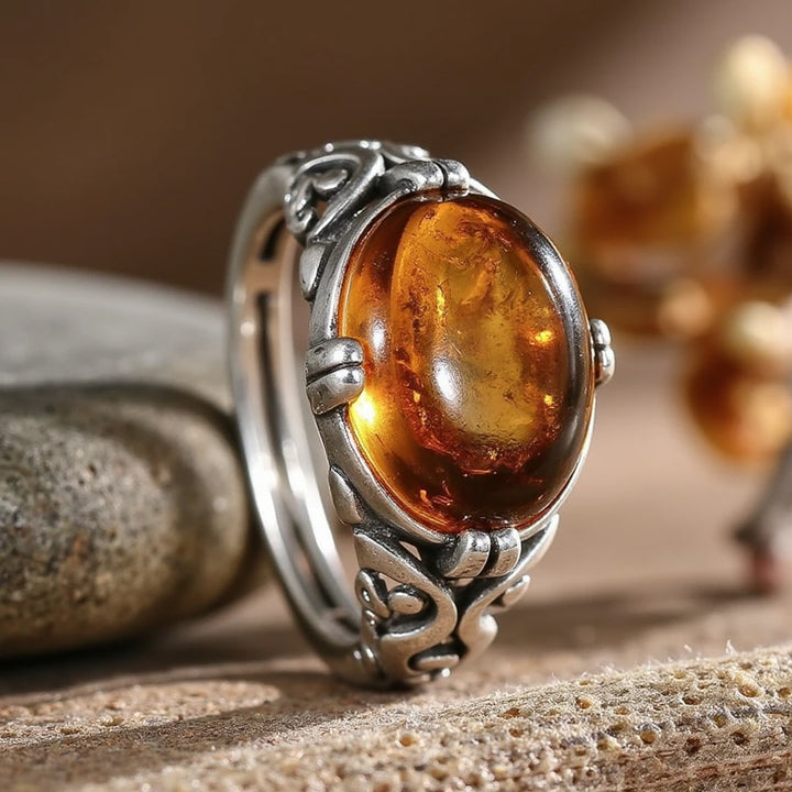Adjustable Ring "Solar Glow" in Amber & Silver