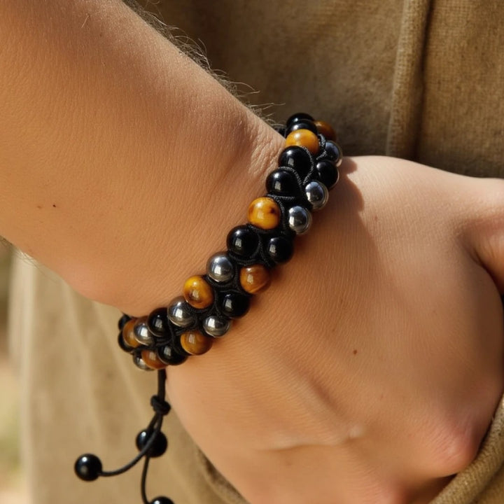 Adjustable Woven Bracelet "Triple Protections" in Hematite, Tiger's Eye & Obsidian
