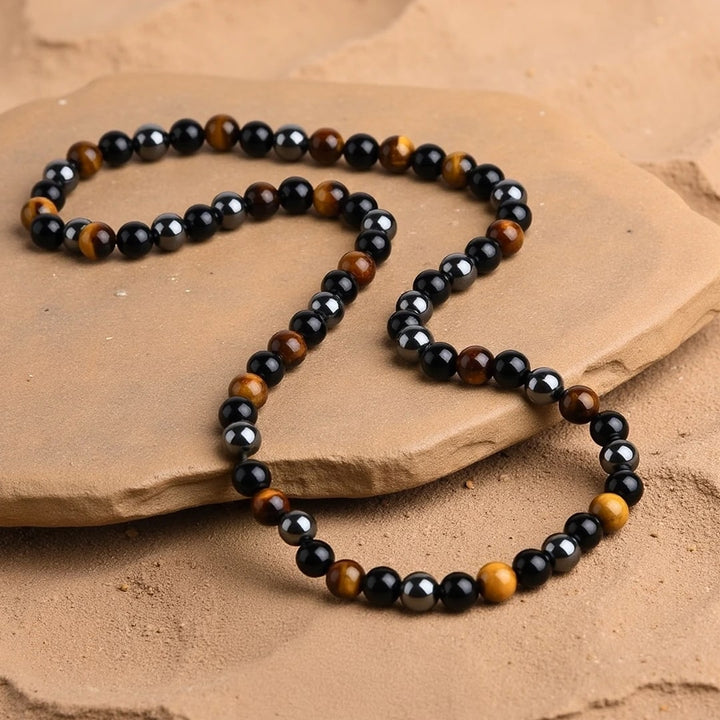 "3 Protections" Necklace in Hematite, Obsidian & Tiger Eye