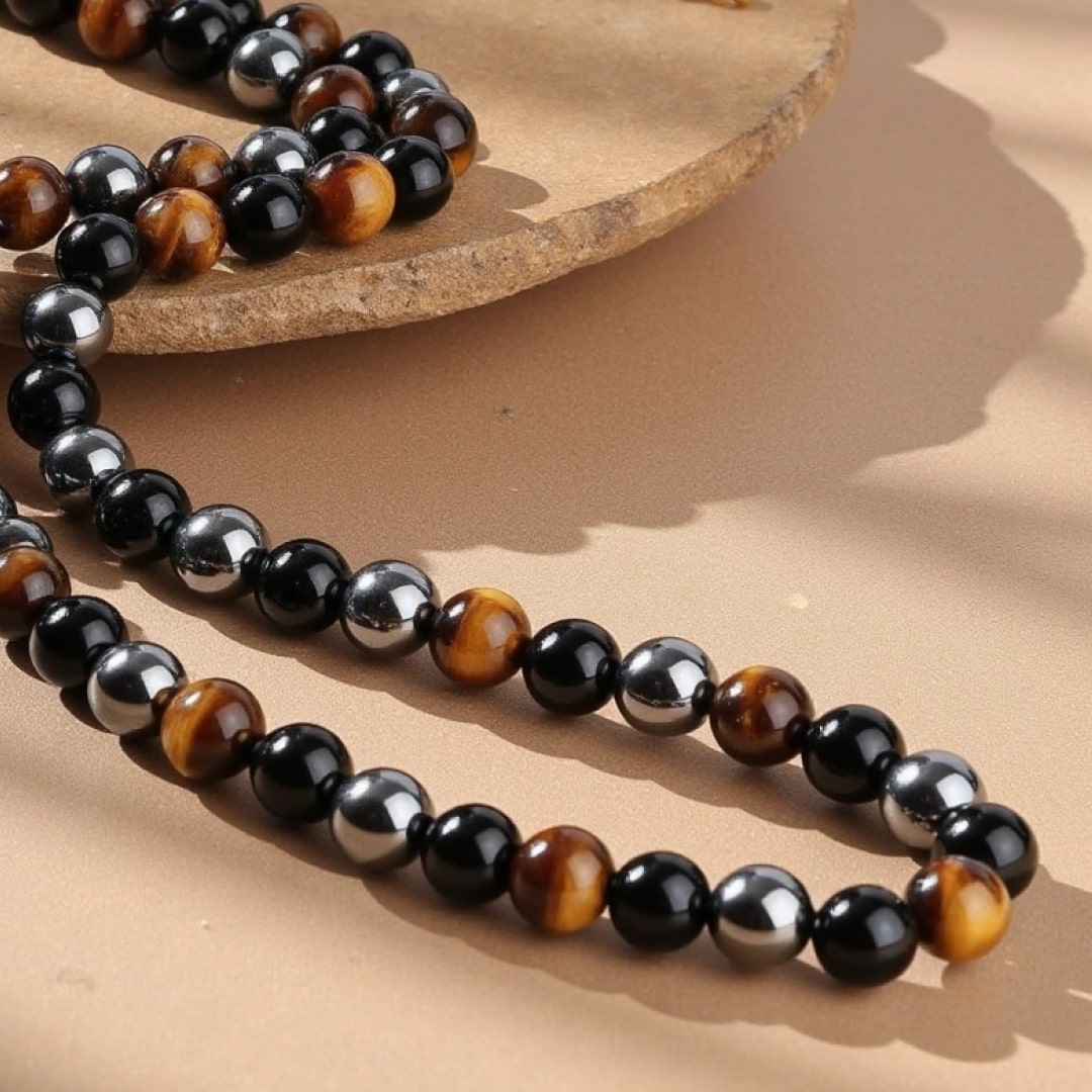 "3 Protections" Necklace in Hematite, Obsidian & Tiger's Eye