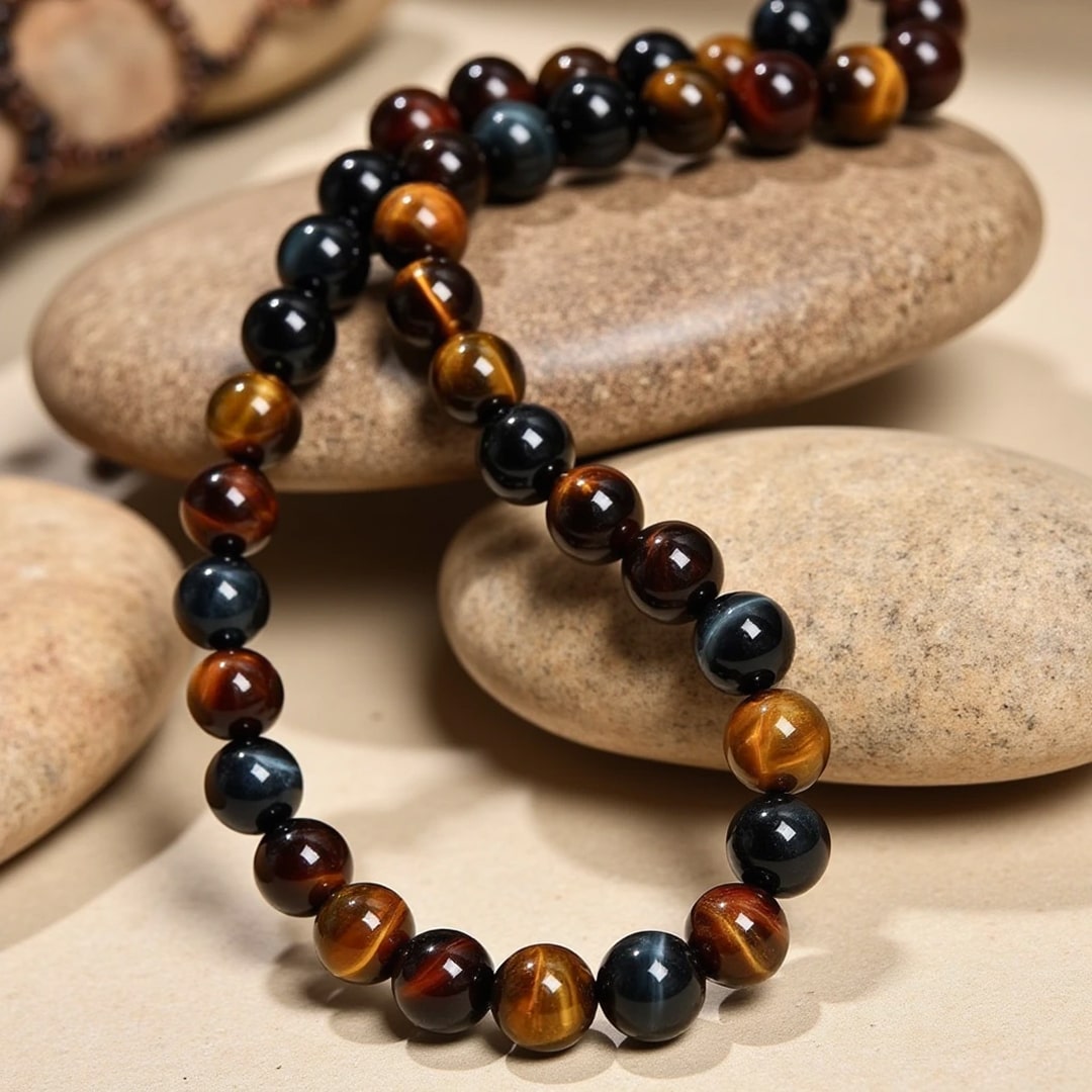 "Multiple Eye" Necklace in Tiger's Eye, Hawk's Eye & Bull's Eye