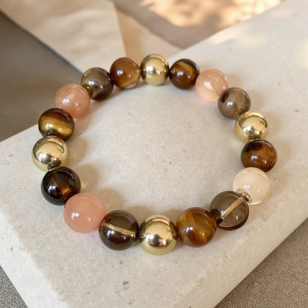 "Solar Energy" Bracelet in Smoky Quartz, Tiger Eye & Golden Rutile Quartz