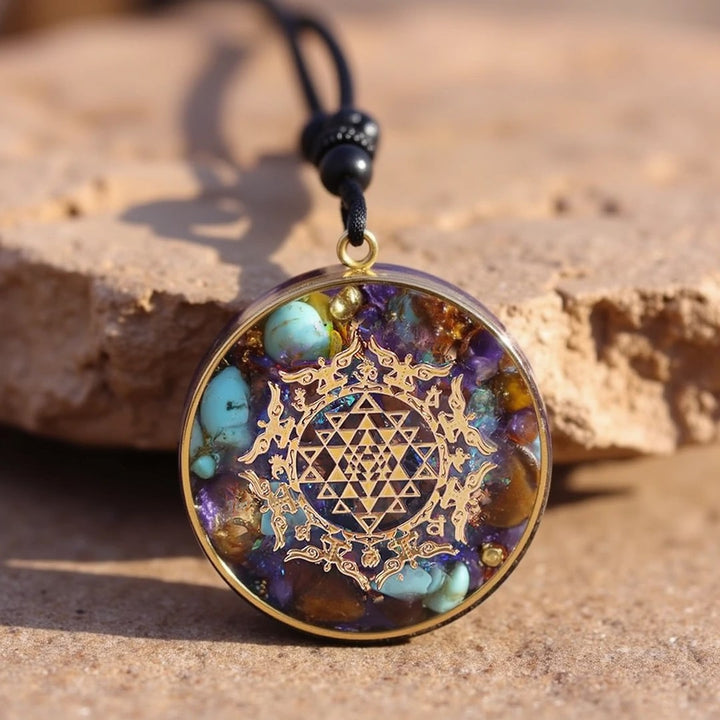 Orgonite Pendant "Sri Yantra" in Turquoise & Tiger's Eye