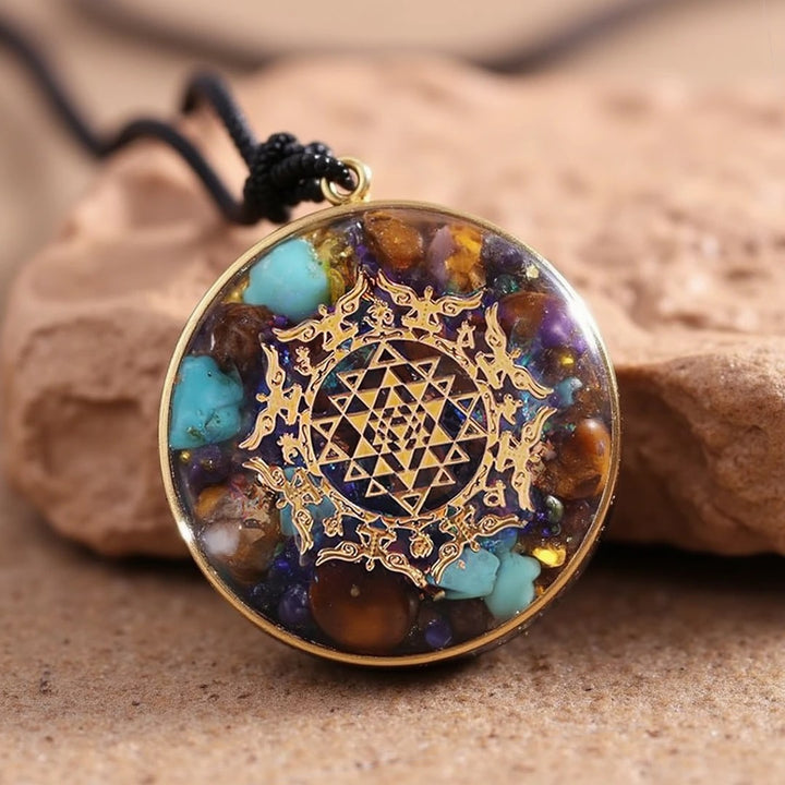 Orgonite Pendant "Sri Yantra" in Turquoise & Tiger Eye