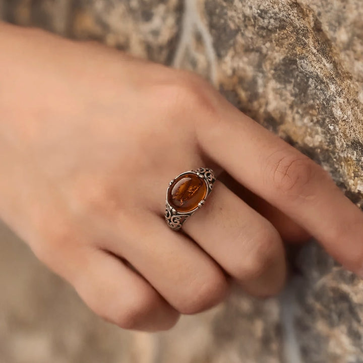 Adjustable Ring "Solar Radiance" in Amber & Silver