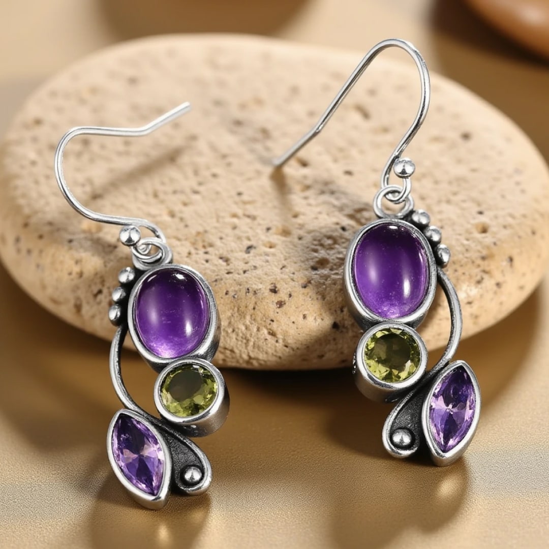 "Ear Rings 'Cascade of Serenity' in Amethyst & Peridot"