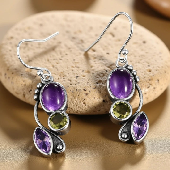 "Earrings 'Cascade of Serenity' in Amethyst & Peridot"