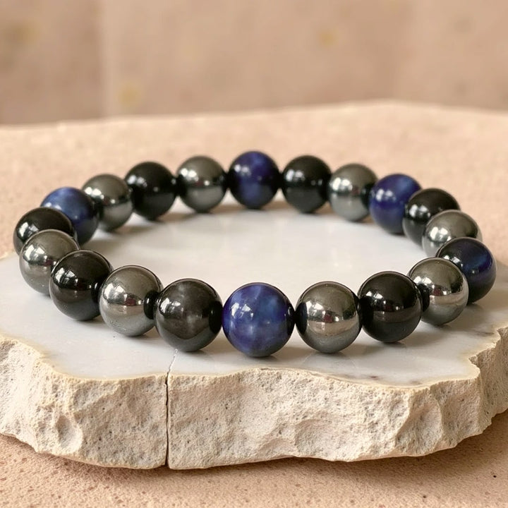 "Inner Guidance" Bracelet in Hematite, Black Tourmaline & Blue Tiger's Eye