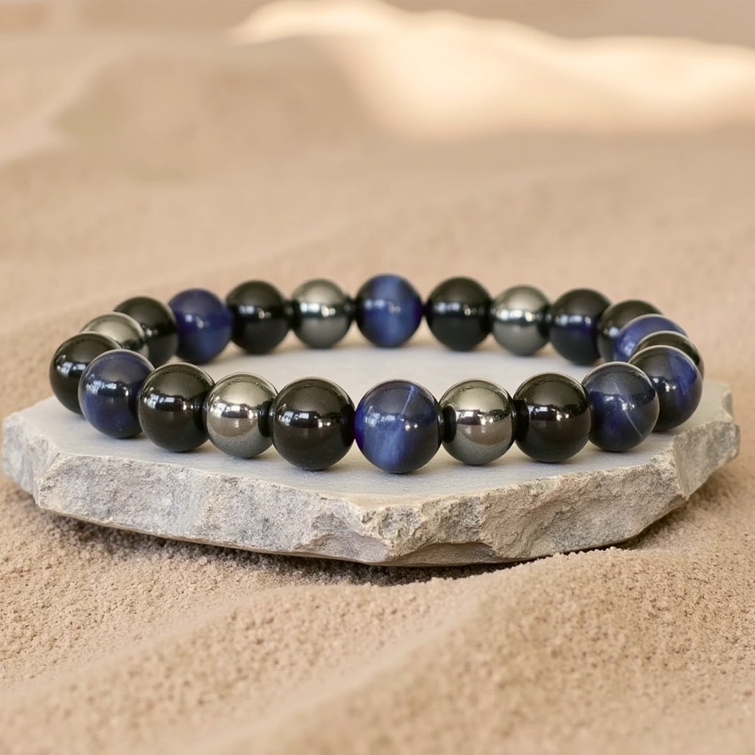 "Inner Guidance" Bracelet in Hematite, Black Tourmaline & Blue Tiger Eye