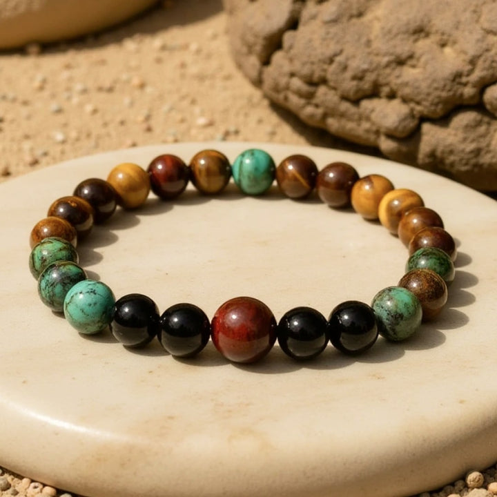 "Protective Energies" Bracelet in Tiger Eye, Bull Eye & African Turquoise