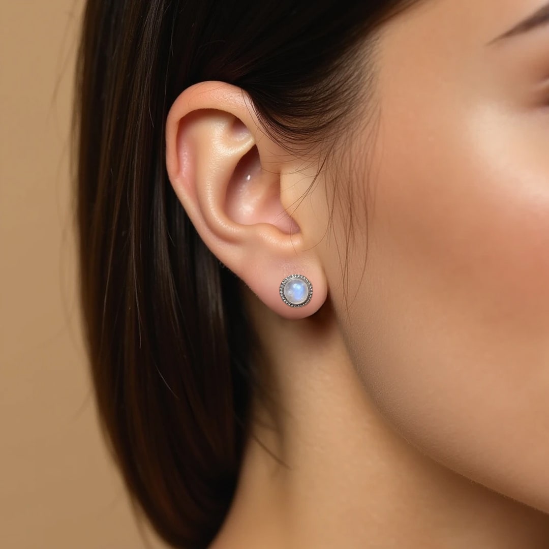 White Labradorite & Silver Button Earrings