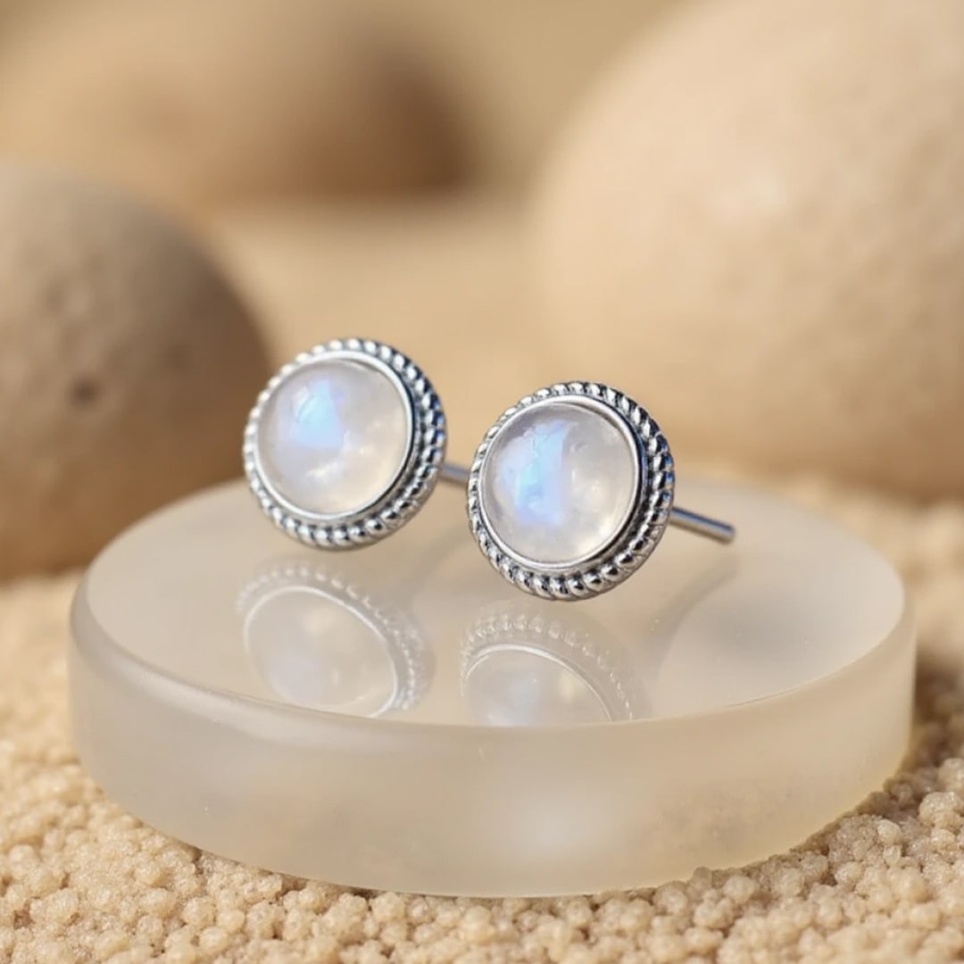 White Labradorite & Silver Button Earrings