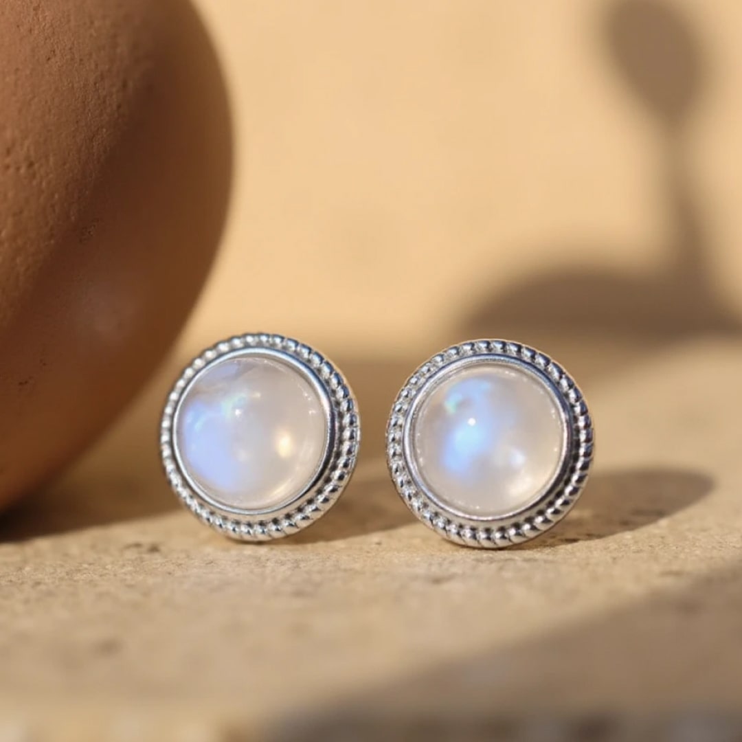 White Labradorite & Silver Button Earrings