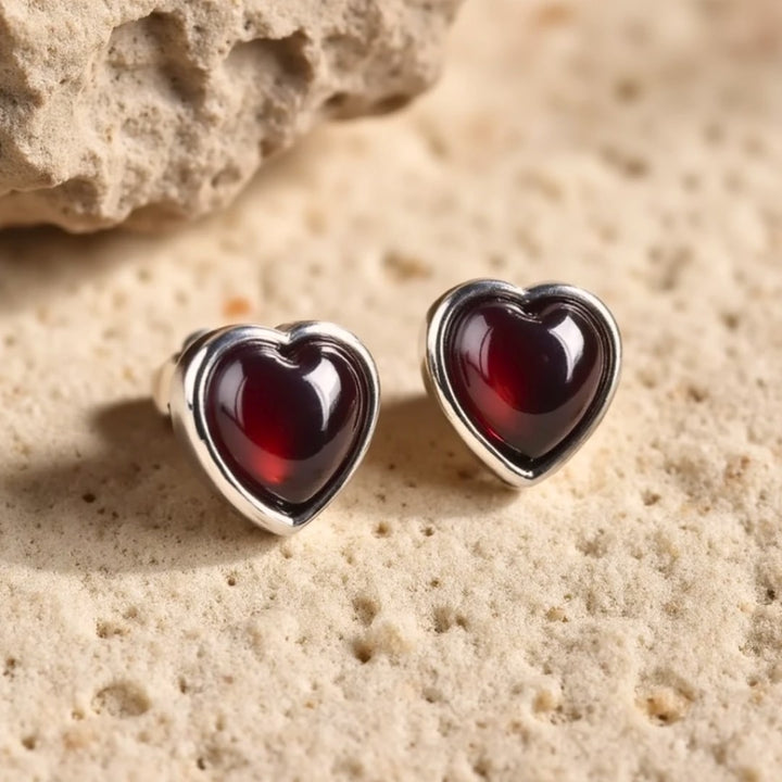 "Passion Heart" Earrings in Garnet & Silver