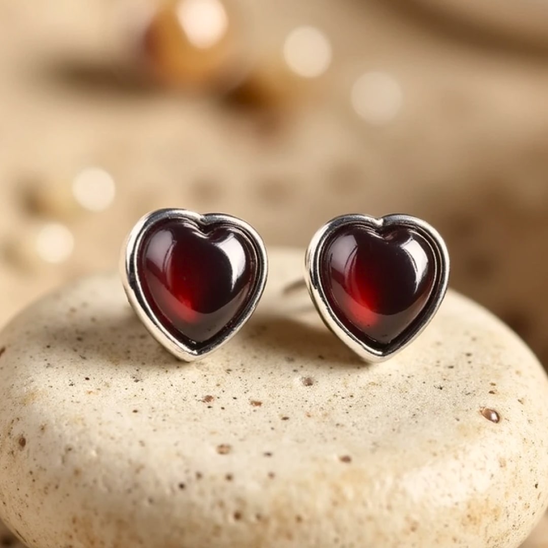"Passion Heart" Earrings in Garnet & Silver