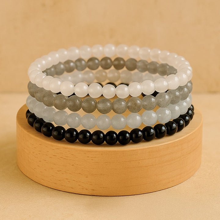"Inner Strength & Protection" Bracelet Set in Labradorite, Moonstone, Aquamarine & Black Tourmaline