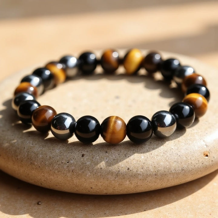 "3 Protections" Bracelet in Tiger's Eye, Hematite & Black Obsidian