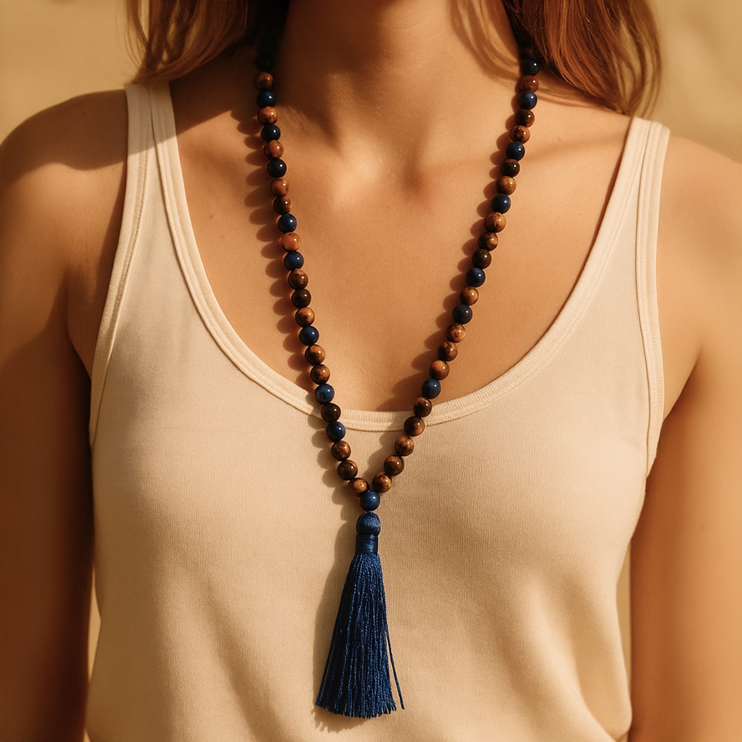 Mala Necklace "Protection & Communication" in Lapis Lazuli & Tiger's Eye