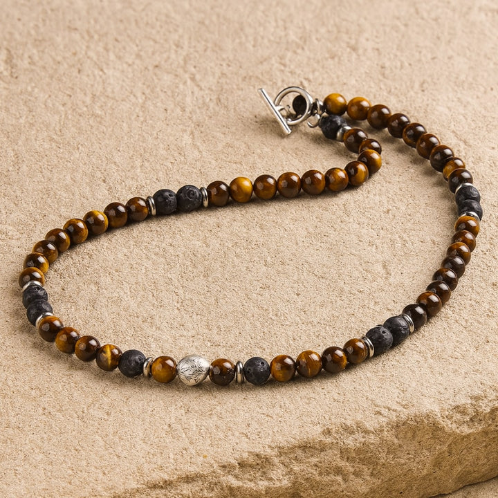 "Earth & Fire Energy" Necklace in Lava Stone & Tiger Eye