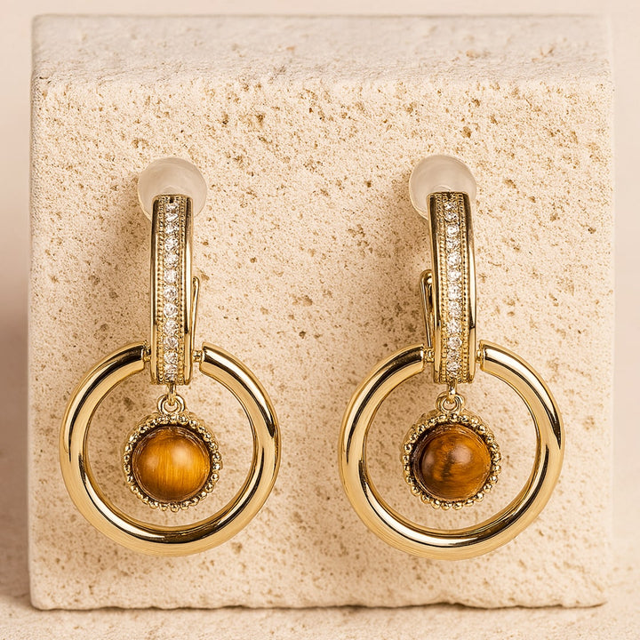 "Feline Sparkle" Earrings in Tiger's Eye & Gold Plated