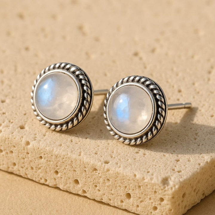 White Labradorite & Silver Button Earrings