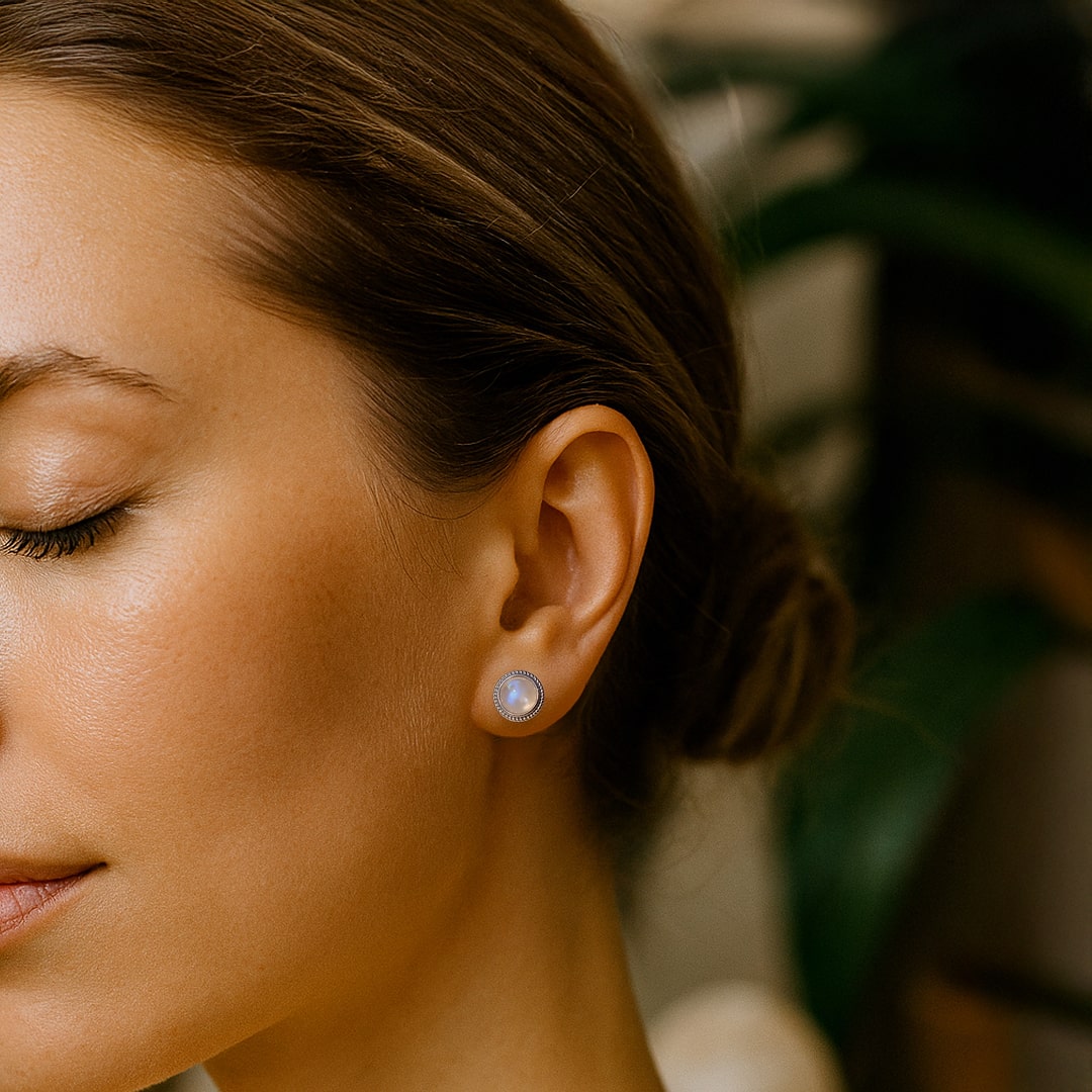 White Labradorite & Silver Button Earrings