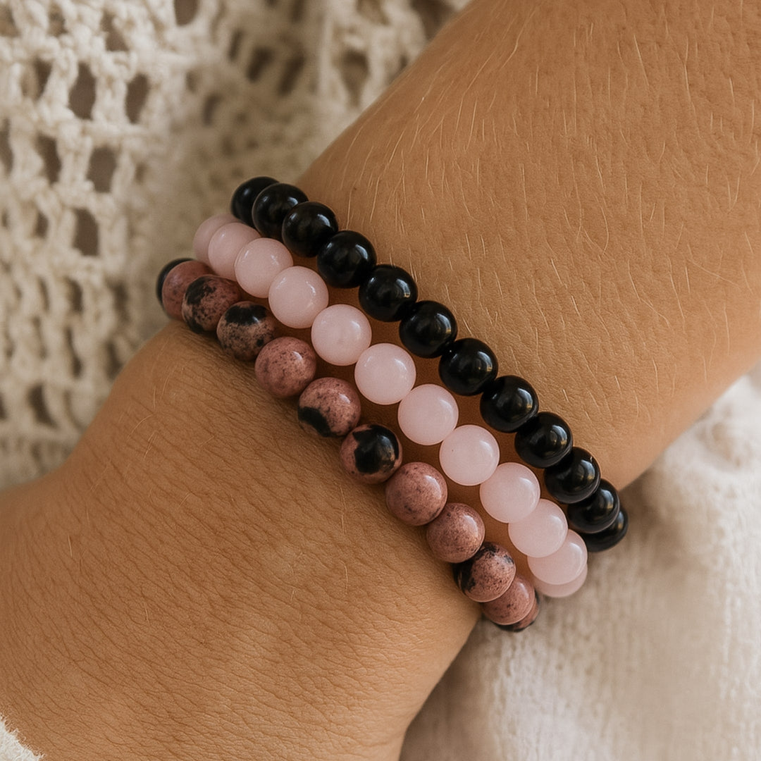 Trio of "Peace & Balance" Bracelets in Onyx, Rose Quartz & Rhodonite