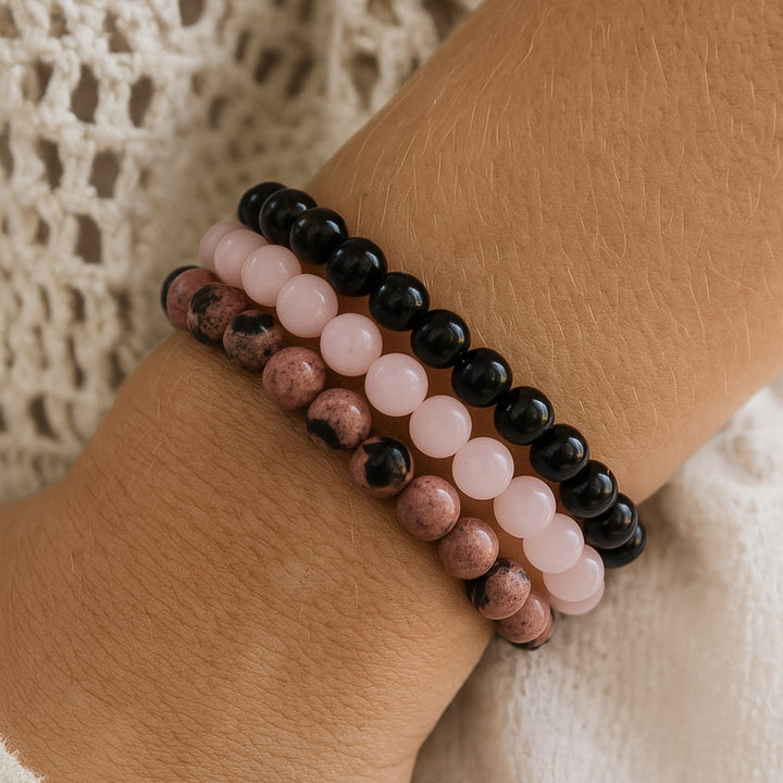 Trio of "Peace & Balance" Bracelets in Onyx, Rose Quartz & Rhodonite