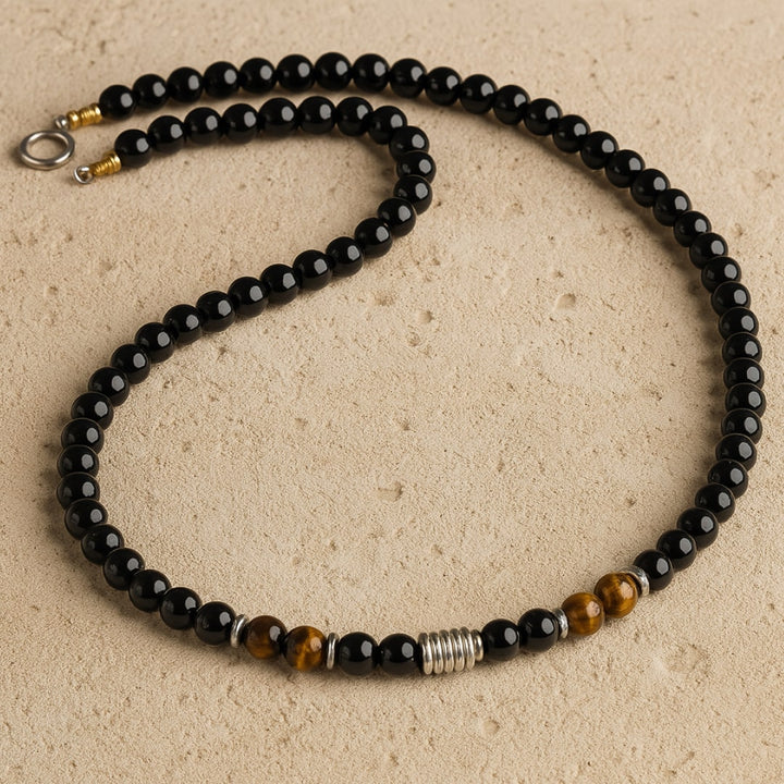 "Shield of Wisdom" Necklace in Black Obsidian & Tiger's Eye